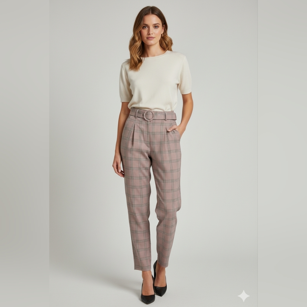 Fashion Nova Women's Pink Plaid Dress/Formal Ankle Pants with Belt Size Medium